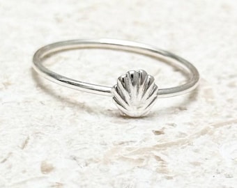 Sterling Silver Shell Ring, Adjustable Stacking Ring, Sea-Inspired Jewelry