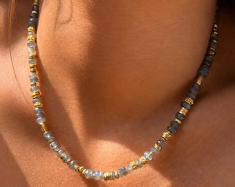 Labradorite Choker Necklace, Boho Beaded Layering Piece in Blue Flash