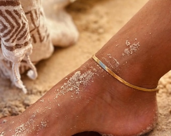 Cleopatra Herringbone Anklet, Waterproof 18K Gold Chain, Tarnish Resistant