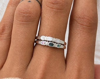 925 Sterling Silver Shell Ring Set of 2, Stackable Bands, Abalone & Mother of Pearl
