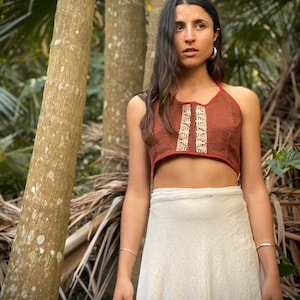 Raw Cotton Halter Crop Top, Handmade Block Print Boho Top, Knitted Festival Clothing, Natural Fabric Summer Wear, Ethical Gift for Her