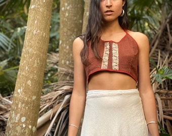 Natural Raw Textured Cotton Halter Crop top with hand made Block Print Design, knitted cotton crop top, boho top , Handmade clothing