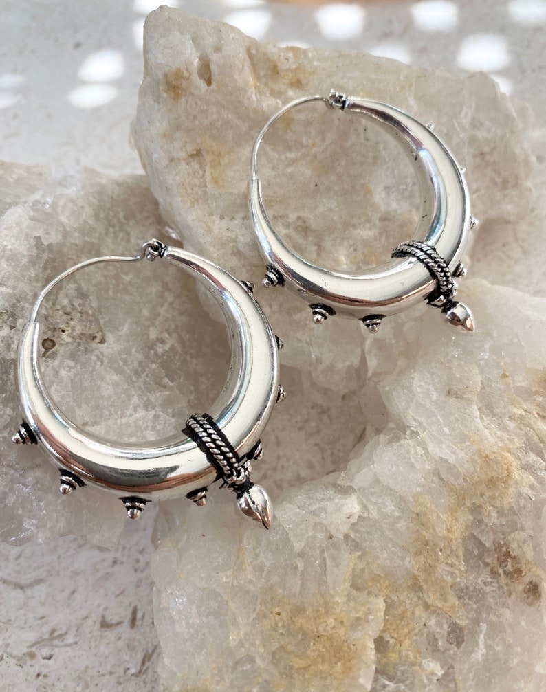 SHANTI hoops, Large sterling silver plated hoops, thick silver hoops, tribal hoop earrings, silver plated hoops image 10