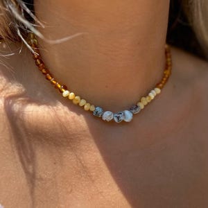 Solar Eclipse Larimar and Rainbow Natural gemstone Beaded Necklace,  natural beaded necklace/choker, dainty beaded necklace