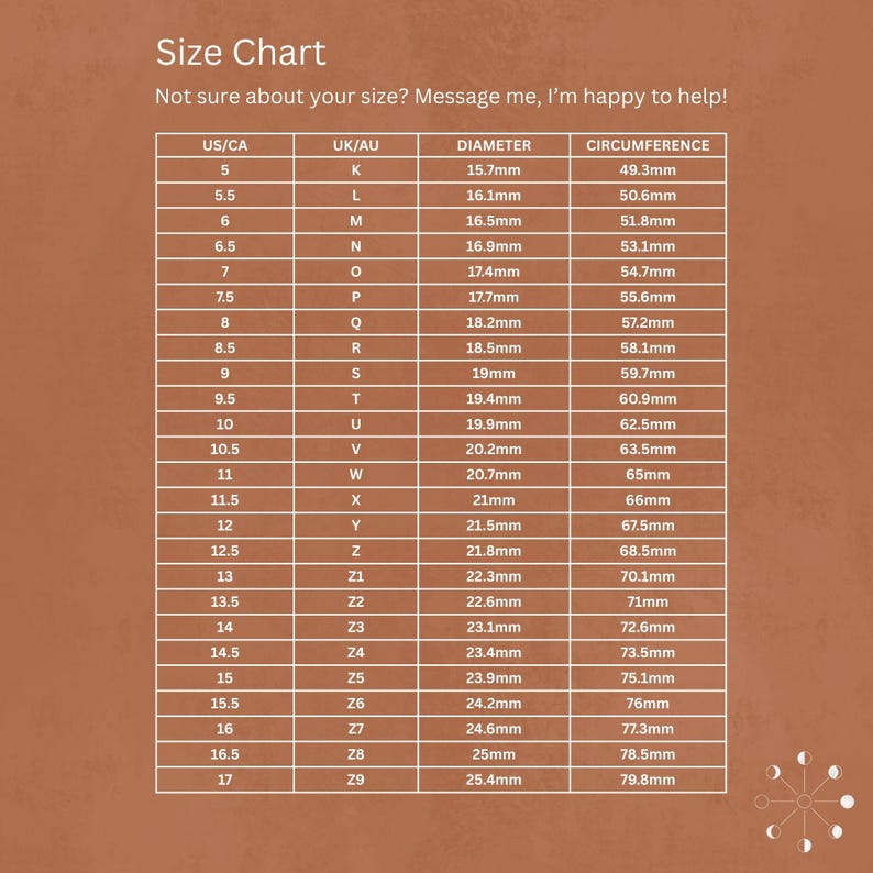 May include: A size chart for rings, with US/CA and UK/AU sizes, diameter in millimeters, and circumference in millimeters. The chart includes sizes from 5 to 17, with corresponding measurements. The text "Size Chart" is at the top.