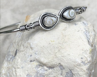 Shiva Eye Shell Sterling Silver bangle, tribal bangle, adjustable bangle, gemstone bangle, shell bangle