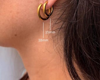 Gold Sleeper Earrings – Small Thick Tube Hoops – Waterproof 18K Gold Bonded Steel
