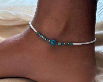 Blue Apatite Anklet – Beaded Gemstone Ankle Bracelet – Boho Beach Anklet