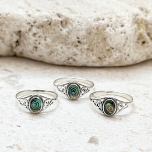 Sterling Silver Abalone Ring, Natural Shell Silver Band, Boho Minimalist Gift for Her