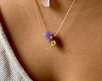 Amethyst Sol necklace, amethyst necklace, crystal necklace, amethyst choker, gold coin necklace, gold coin pendant, sun necklace