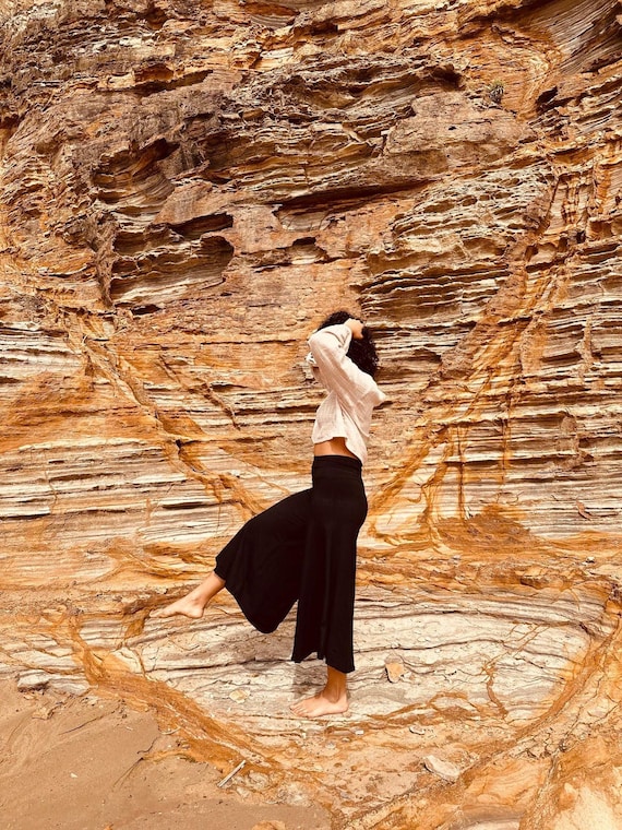 Black Wide Leg Pants — Stretchy Organic Cotton — Boho Flow Yoga Loungewear