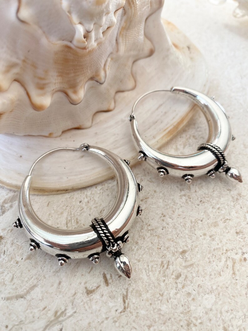 SHANTI hoops, Large sterling silver plated hoops, thick silver hoops, tribal hoop earrings, silver plated hoops image 9