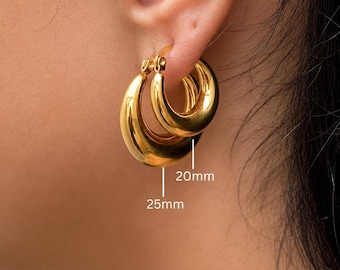 Chunky Gold Hoop Earrings – 18k Gold Bonded Thick Everyday Hoops, Waterproof Jewelry