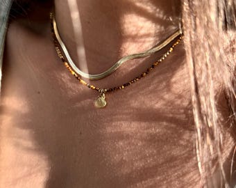 Tiger's Eye Necklace – Gemstone Beaded Choker – Moonstone Boho Layering Necklace