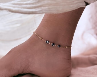 Evil Eye Anklet — Waterproof 18K Gold — Adjustable Boho Layering Foot Jewelry