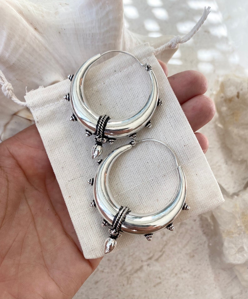 SHANTI hoops, Large sterling silver plated hoops, thick silver hoops, tribal hoop earrings, silver plated hoops image 5