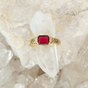 Tarnish Resistant Ruby Red 18K Gold Ring - Phoenix Statement Waterproof Red Stone Ring, Elegant Gold Plated Jewelry