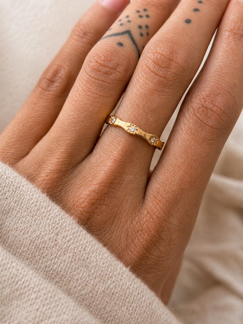 Northern Star 18K Gold Star Ring, Tarnish Resistant Waterproof Gold Band, Zircon Star Stacking Ring, Minimal Gift for Her image 1