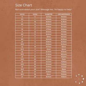 The image is a size chart that provides measurements for various US/CA and UK/AU sizes, including diameter and circumference. The chart is designed to help people determine their size and find the right-sized jewelry or clothing.