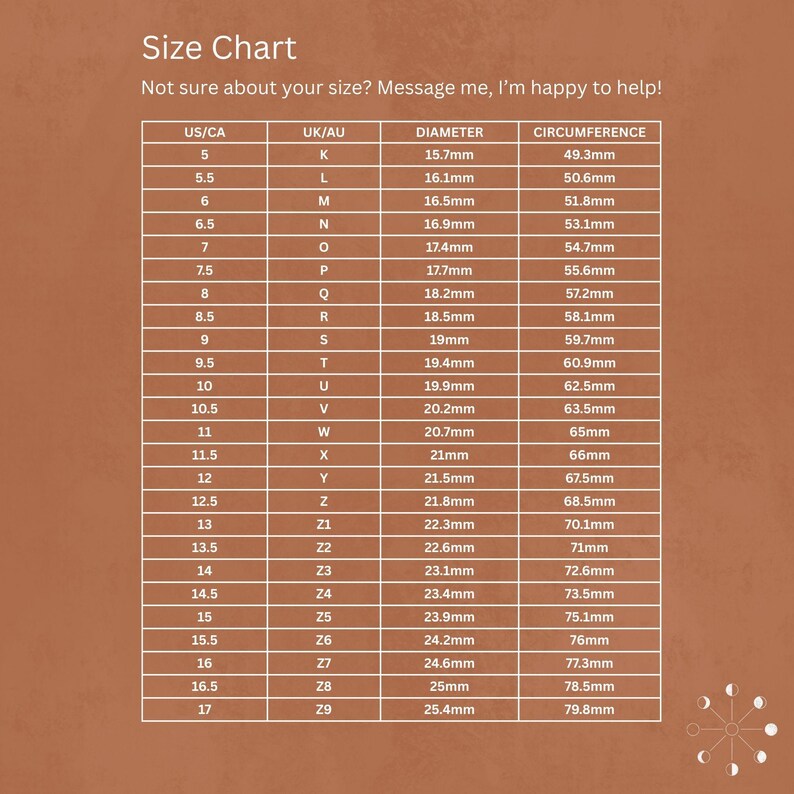 The image is a size chart that provides measurements for various US/CA and UK/AU sizes, including diameter and circumference. The chart is designed to help people determine their size and find the right-sized jewelry or clothing.