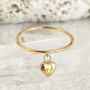 Eros~ 18K Gold Little Heart Charm Ring, Tarnish Resistant Dainty Heart Charm Ring, Dainty Gold ring, Shower-Friendly Gold Stacking Ring