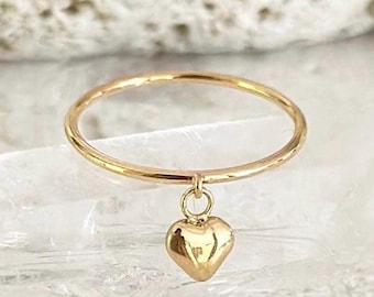 Eros~ 18K Gold Little Heart Charm Ring, Tarnish Resistant Dainty Heart Charm Ring, Dainty Gold ring, Shower-Friendly Gold Stacking Ring