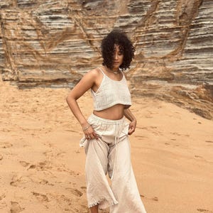 Loose natural flowing cotton pants, undyed organic colour, elastic  and drawstring waist frayed hem