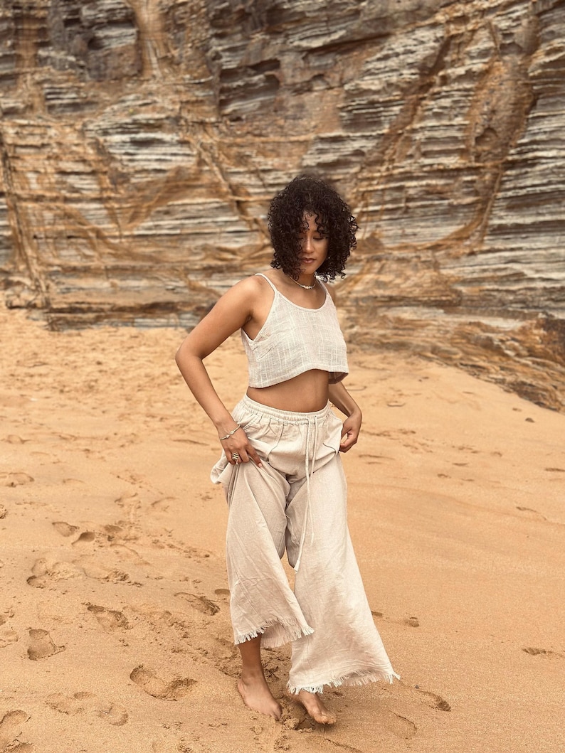 Loose natural flowing cotton pants, undyed organic colour, elastic  and drawstring waist frayed hem