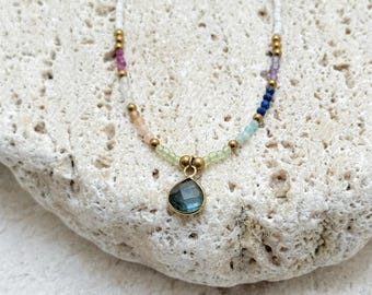 Labradorite Necklace – Faceted Teardrop Pendant – Brass Beaded Boho Layering Necklace
