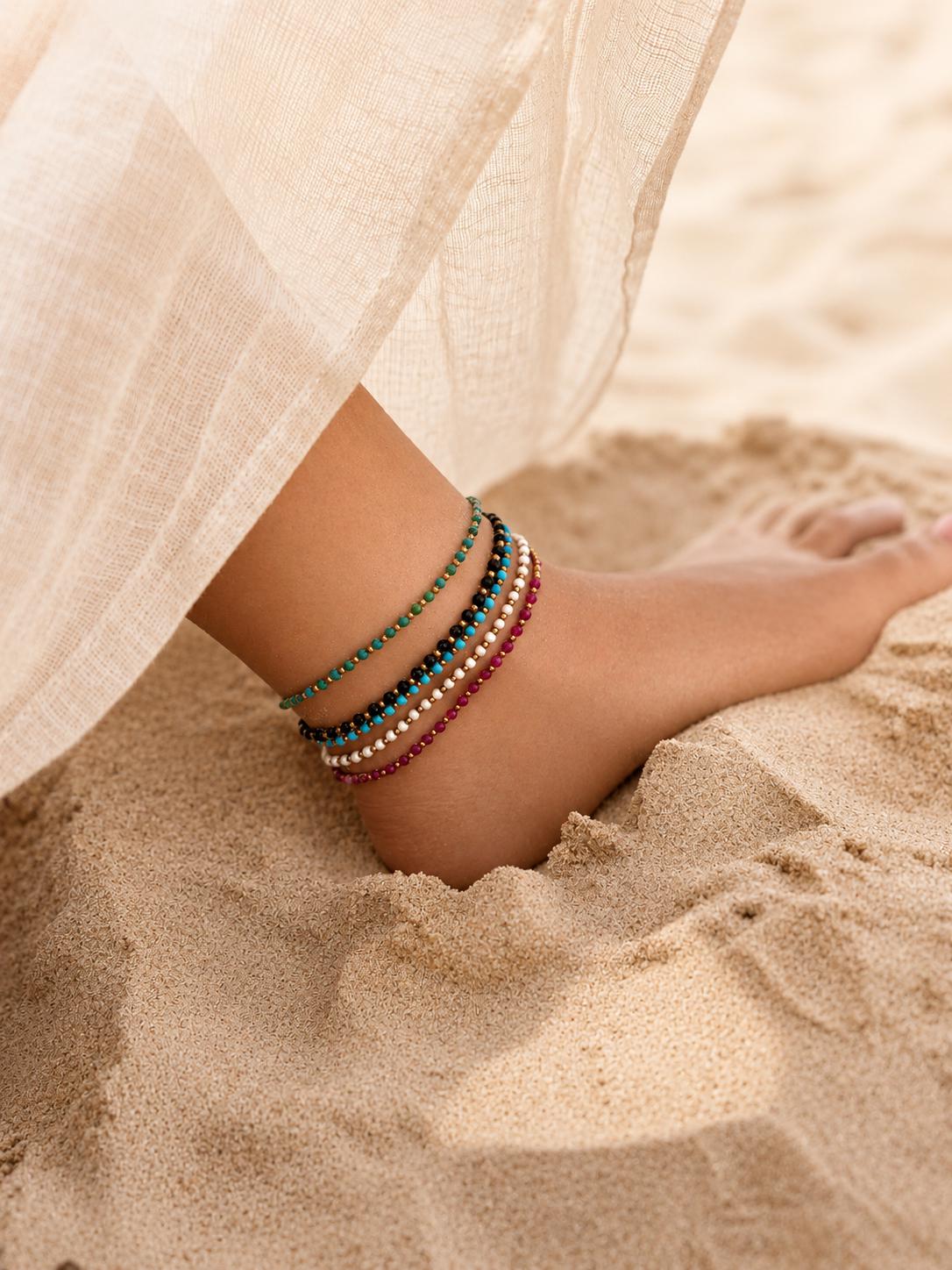Natural Dainty Gemstone Beaded Anklet • Handmade Adjustable Brass ...