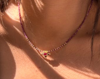Ruby Beaded Necklace – Ornate Brass Pendant – Natural Gemstone Choker