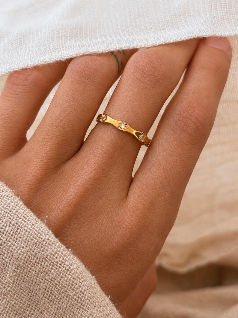Northern Star 18K Gold Star Ring, Tarnish Resistant Waterproof Gold Band, Zircon Star Stacking Ring, Minimal Gift for Her image 7