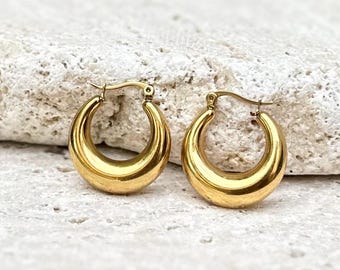 Gold Crescent Hoop Earrings – Waterproof Chunky Hoops – 18K Gold Bonded Steel