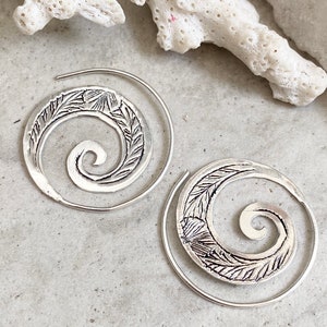 Sacred spiral earrings, 925 Sterling Silver earrings, silver earrings, boho earrings, silver hoops, carved earrings