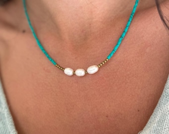 Turquoise Necklace – Freshwater Pearl Beaded Choker – Handmade Boho Beach Necklace