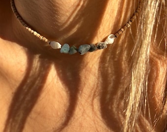 BLUE LAGOON Larimar and Tulsi wooden seed bead necklace/choker, dainty Larimar Shell necklace, Personalized gifts,