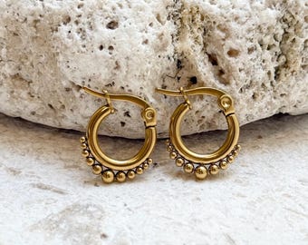 Gold Huggie Hoop Earrings – Waterproof Small Beaded Hoops – 18K Gold Bonded Steel