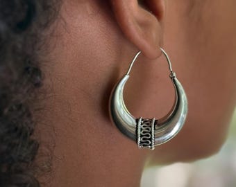 Silver Bali Hoop Earrings – Large Ornate Boho Hoops – Statement Sleeper Earrings
