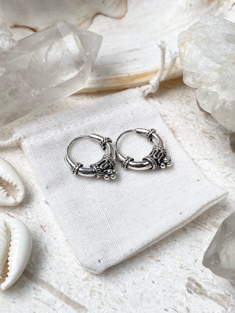 Jai 92.5 Small Sterling Silver Hoops , Thick Hoop Earrings , ethnic Sterling Silver Earrings , Minimalist earrings ,Silver Hoops image 2