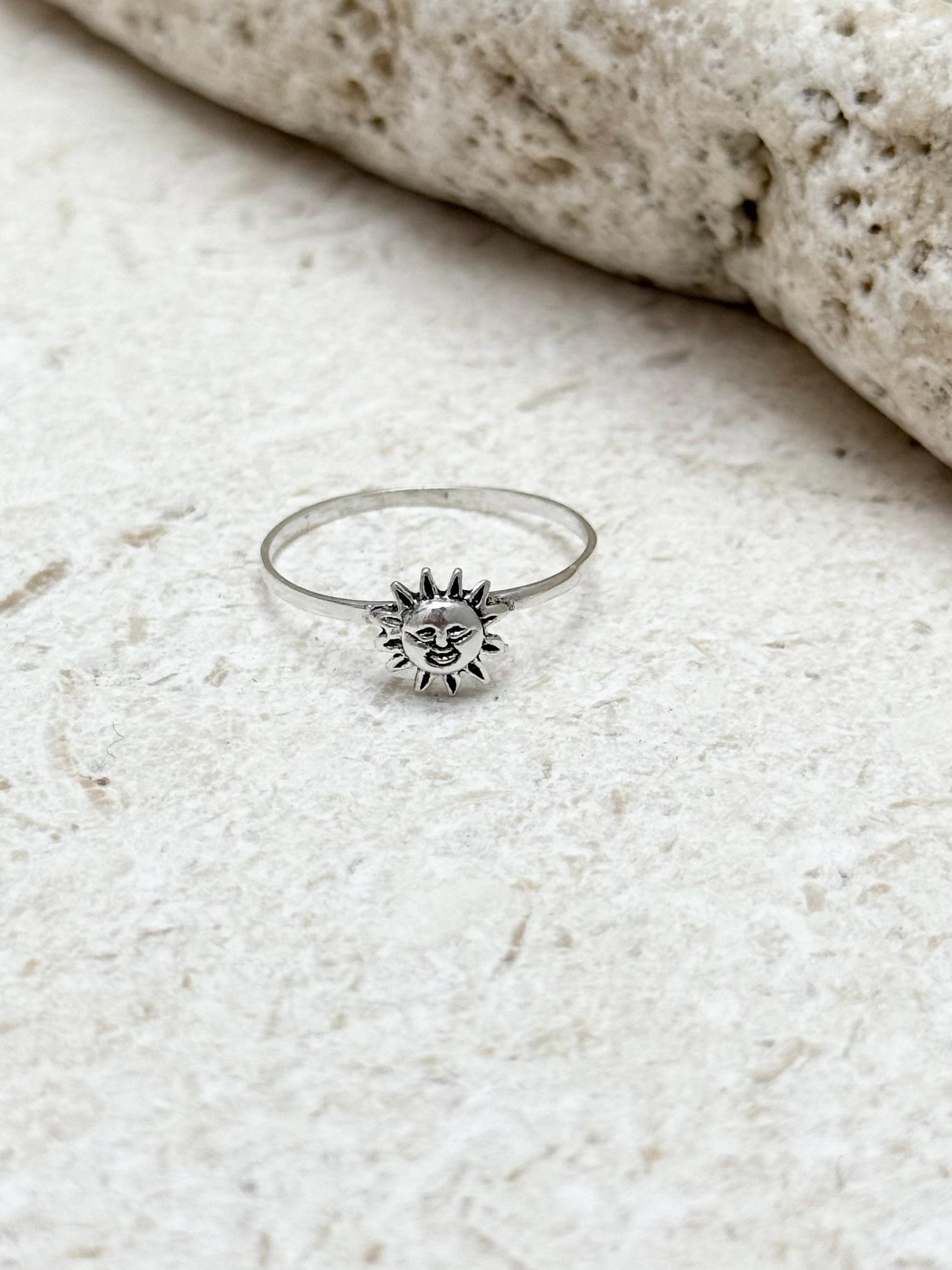 Sterling Silver Sun Ring, Dainty Sunburst Band, Celestial Stacking Ring ...