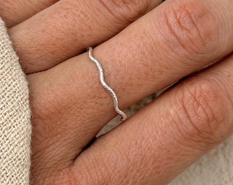 Sterling Silver Wave Ring, Dainty 925 Stacking Band, Minimalist Ripple Ring, Shower Friendly Jewelry