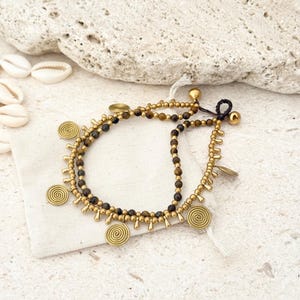 Tiger Eye Beaded Anklet, Boho Layered Gold Spiral Charm Anklets, Adjustable Beach Jewelry for Women