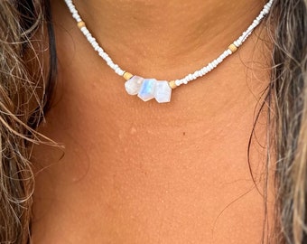 Magical Moonstone Tulsi Holy Basil Beaded necklace, adjustable necklace, handmade crystal necklace, tiny moonstone choker, crystal necklace
