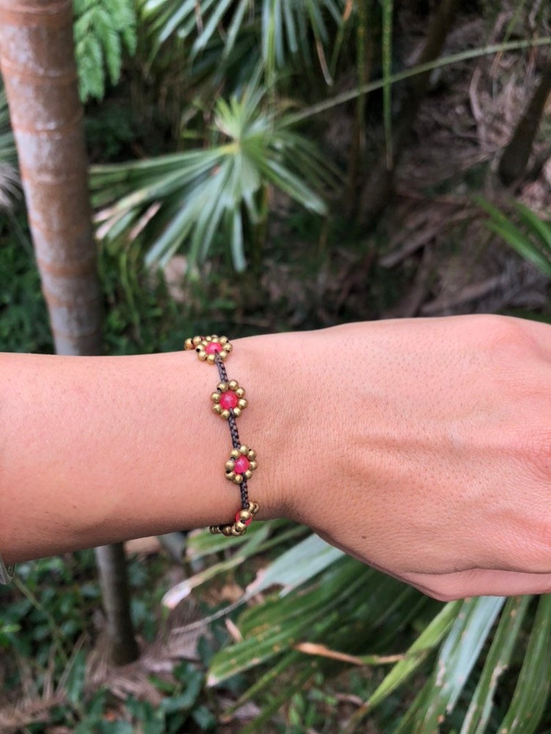 bell bracelet Daisy chain Gemstone and brass beaded bracelet hippie bracelet