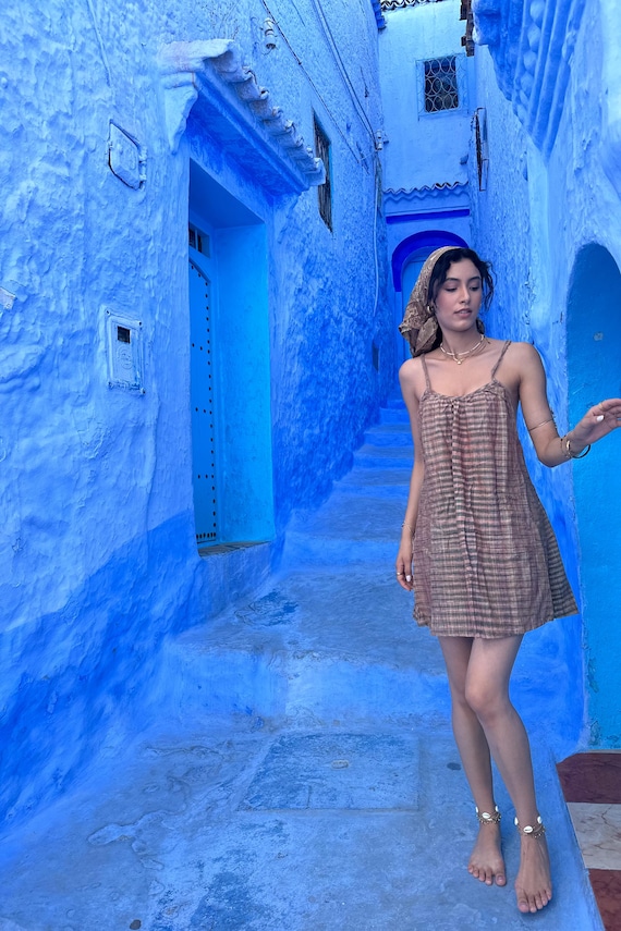 Lulu~ ruwe katoenen mini-jurk van Khadi-katoen, boho-babydolljurk