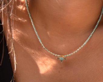 Amazonite Necklace – Beaded Gemstone Choker – Green Stone Boho Pendant Necklace