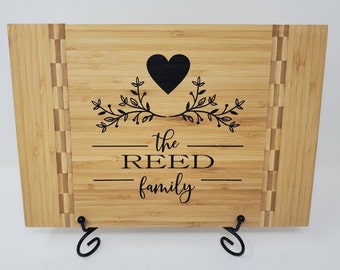 Personalized Bamboo cutting board with stand - Family Name - Useable Gift - Weddings and anniversary - Housewarming