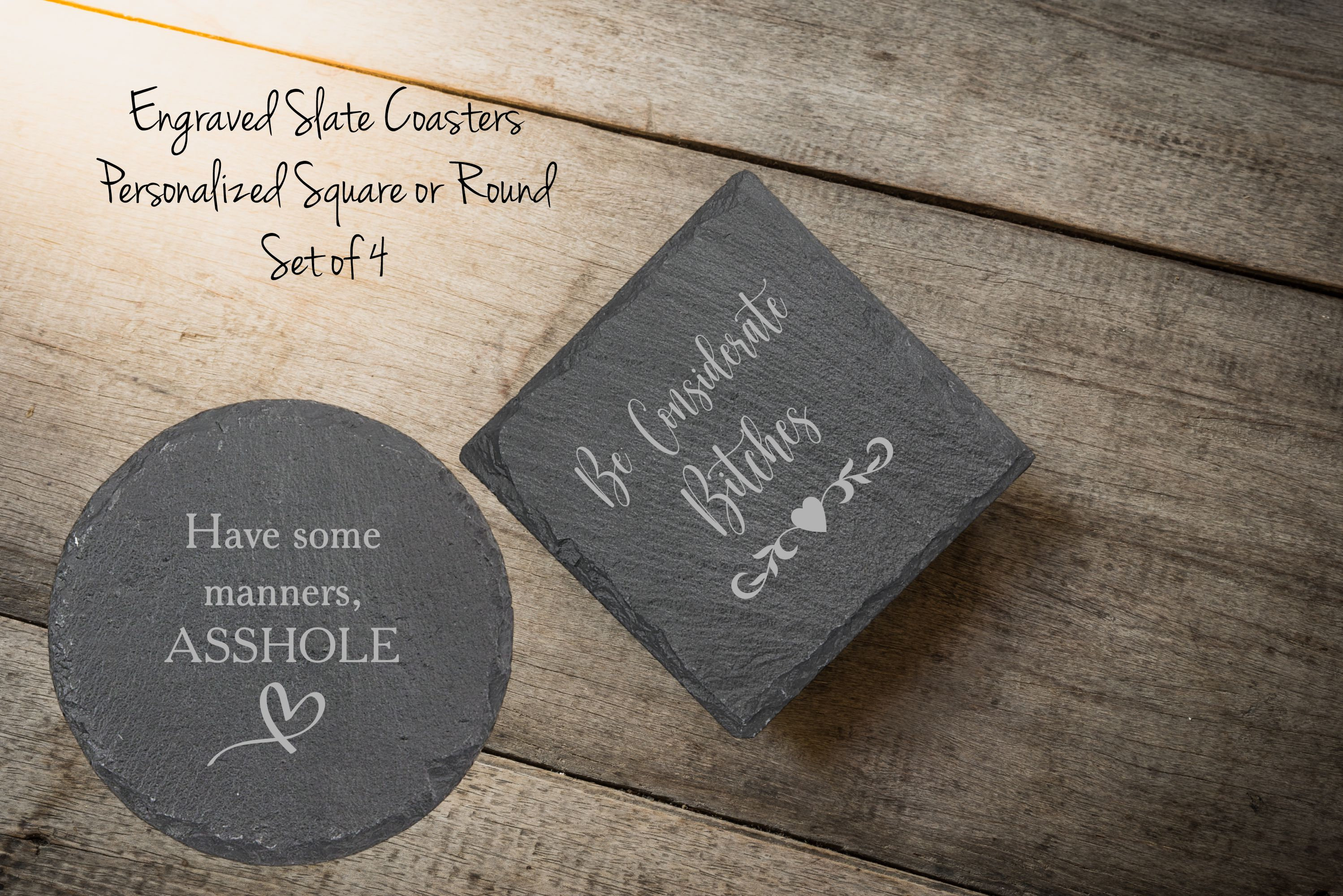 Set of 4 Funny Adult Engraved Slate Coasters - Gift for Housewarming ...