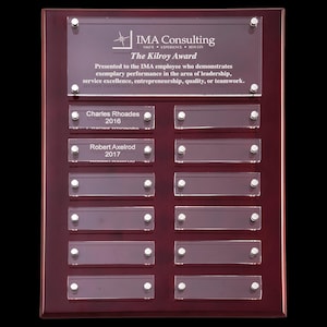 May include: A wooden plaque with clear acrylic nameplates. The plaque features the text "IMA Consulting" and "The Kilroy Award". The award is presented to employees for exemplary performance. The names "Charles Rhoades" and "Robert Axelrod" are listed.