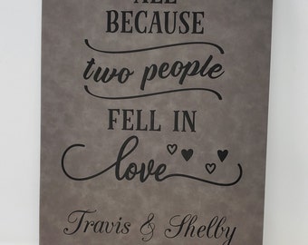 All Because Two People Fell In Love - Personalized - 12" x 18" Leatherette Wall Decor - Engraved Art - Gift - FREE SHIPPING - Master Bedroom